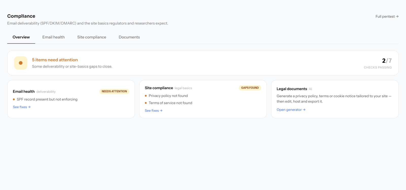 Defenso compliance generator showing detected policy gaps and an editable GDPR document draft