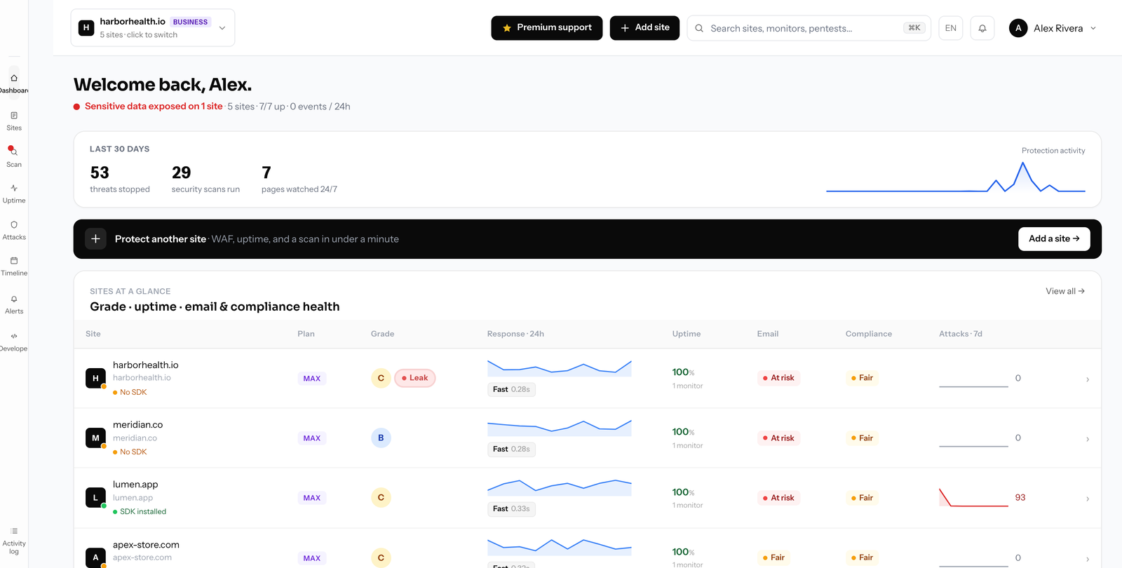Defenso Chrome extension side panel scanning a website for security issues