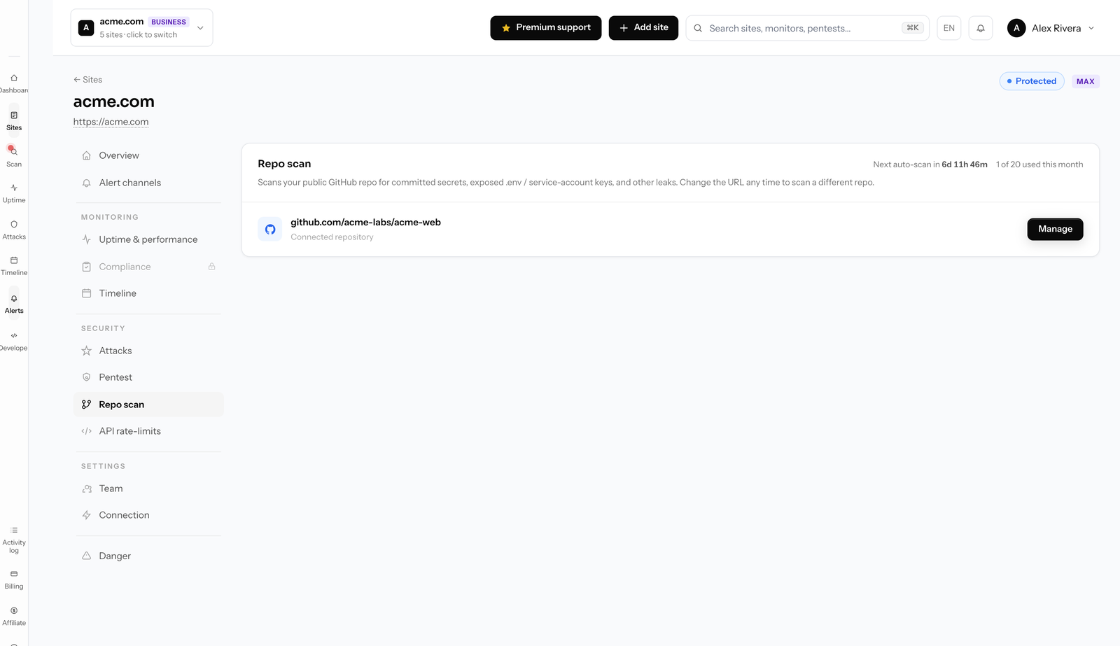 Defenso code scan report of a connected GitHub repository