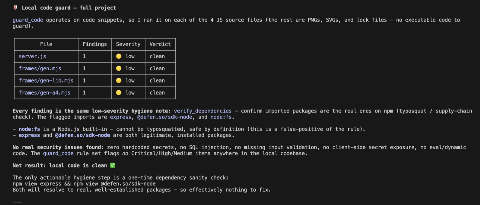 Defenso security tools running inside an AI code editor over MCP